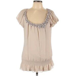 Ted Baker Silk Nude Pink Ruffle Puff Short Sleeve Semi Sheer Drop Waist Blouse